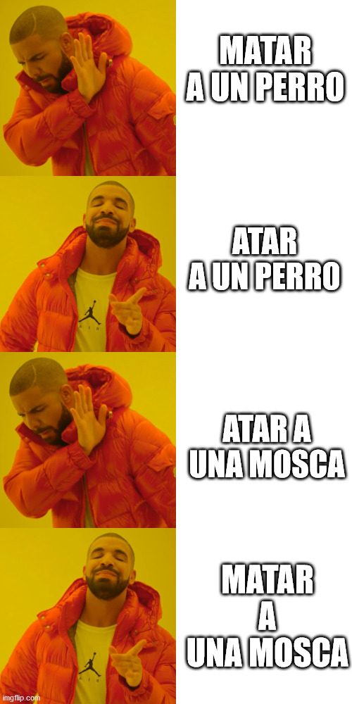 MATAR A UN PERRO; ATAR A UN PERRO; ATAR A UNA MOSCA; MATAR A UNA MOSCA | image tagged in memes,drake hotline bling | made w/ Imgflip meme maker
