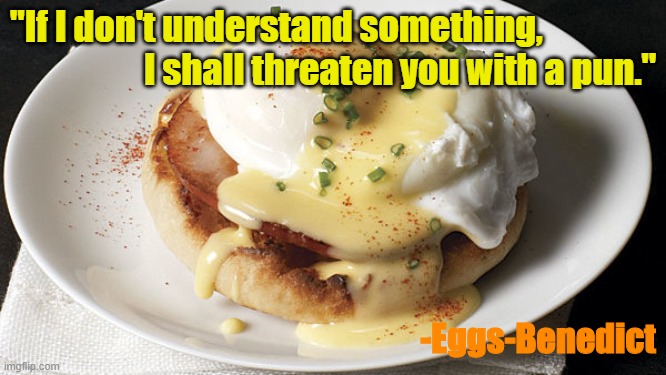 "If I don't understand something,
                   I shall threaten you with a pun."; -Eggs-Benedict | made w/ Imgflip meme maker