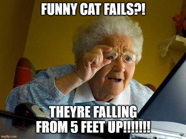 Grandma Finds The Internet | FUNNY CAT FAILS?! THEYRE FALLING FROM 5 FEET UP!!!!!!! | image tagged in memes,grandma finds the internet | made w/ Imgflip meme maker