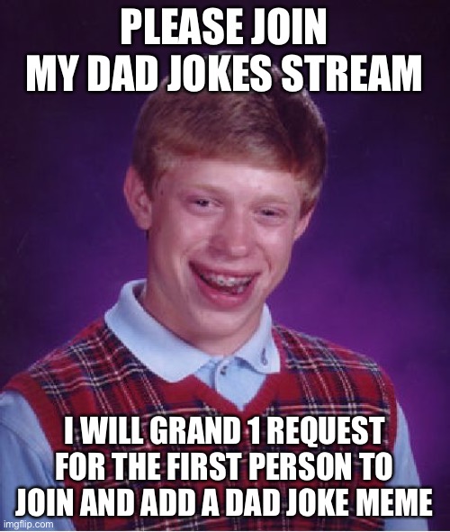 Bad Luck Brian Meme | PLEASE JOIN MY DAD JOKES STREAM; I WILL GRAND 1 REQUEST FOR THE FIRST PERSON TO JOIN AND ADD A DAD JOKE MEME | image tagged in memes,bad luck brian | made w/ Imgflip meme maker