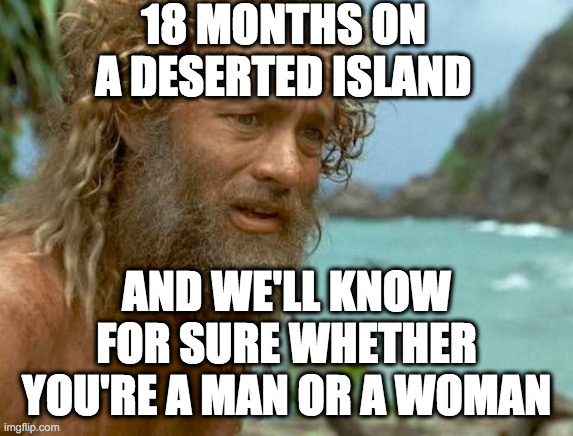 Cast away | 18 MONTHS ON A DESERTED ISLAND AND WE'LL KNOW FOR SURE WHETHER YOU'RE A MAN OR A WOMAN | image tagged in cast away | made w/ Imgflip meme maker