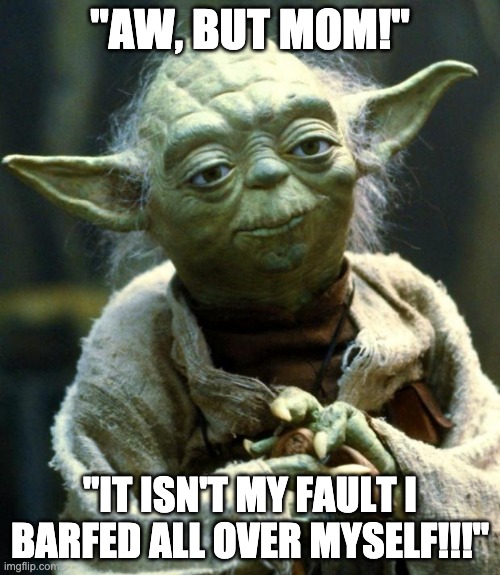 Star Wars Yoda | "AW, BUT MOM!"; "IT ISN'T MY FAULT I BARFED ALL OVER MYSELF!!!" | image tagged in memes,star wars yoda | made w/ Imgflip meme maker