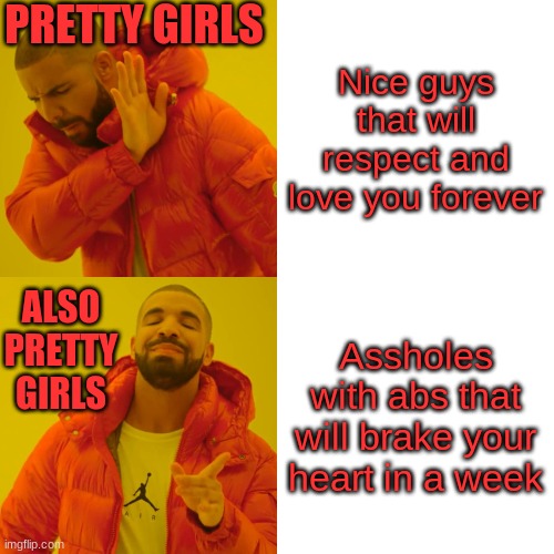 Pretty Girls | PRETTY GIRLS; Nice guys that will respect and love you forever; ALSO PRETTY GIRLS; Assholes with abs that will brake your heart in a week | image tagged in memes,drake hotline bling | made w/ Imgflip meme maker