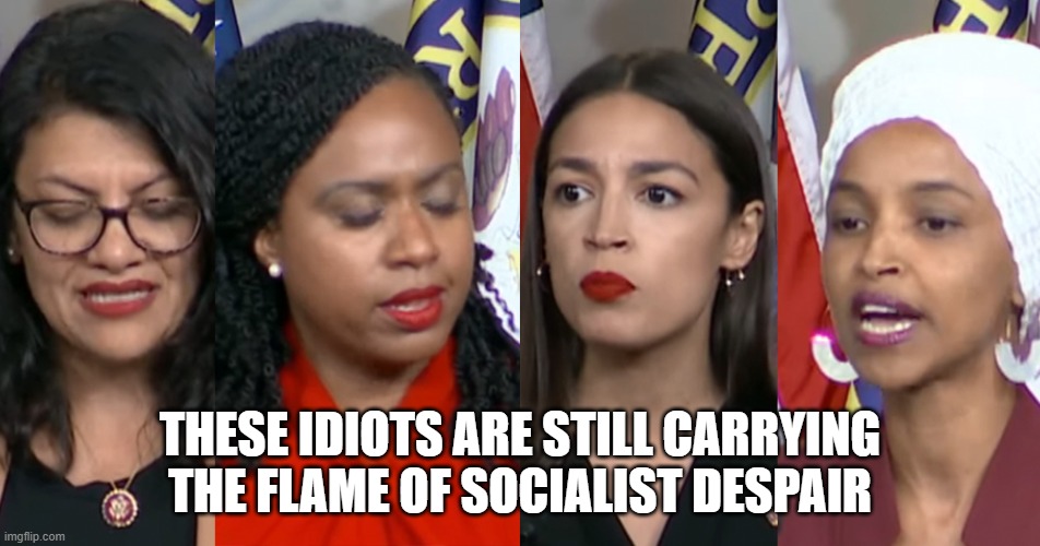 AOC Squad | THESE IDIOTS ARE STILL CARRYING THE FLAME OF SOCIALIST DESPAIR | image tagged in aoc squad | made w/ Imgflip meme maker