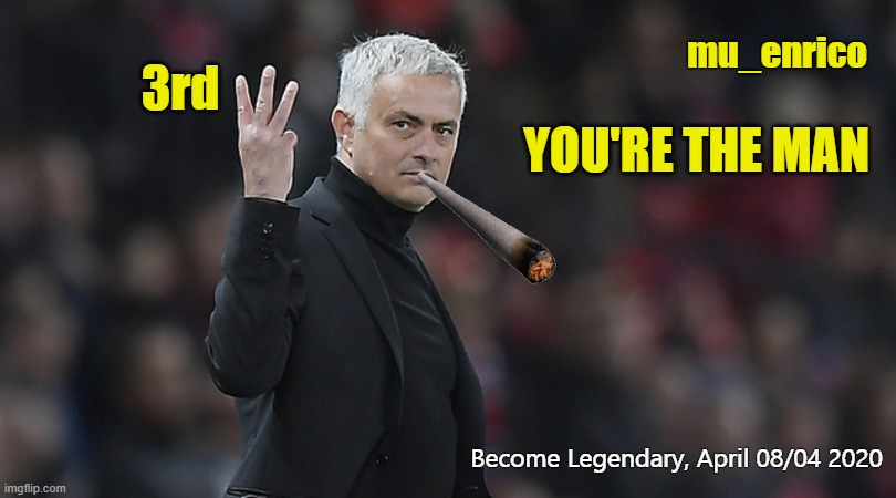 Mourinho triplete | mu_enrico; 3rd; YOU'RE THE MAN; Become Legendary, April 08/04 2020 | image tagged in mourinho triplete | made w/ Imgflip meme maker