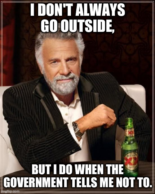 The Most Interesting Man In The World Meme | I DON'T ALWAYS GO OUTSIDE, BUT I DO WHEN THE GOVERNMENT TELLS ME NOT TO. | image tagged in memes,the most interesting man in the world | made w/ Imgflip meme maker