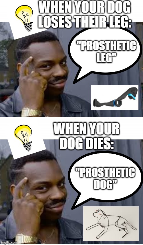 Dog Meme | WHEN YOUR DOG LOSES THEIR LEG:; "PROSTHETIC
LEG"; WHEN YOUR DOG DIES:; "PROSTHETIC
DOG" | image tagged in memes,roll safe think about it | made w/ Imgflip meme maker