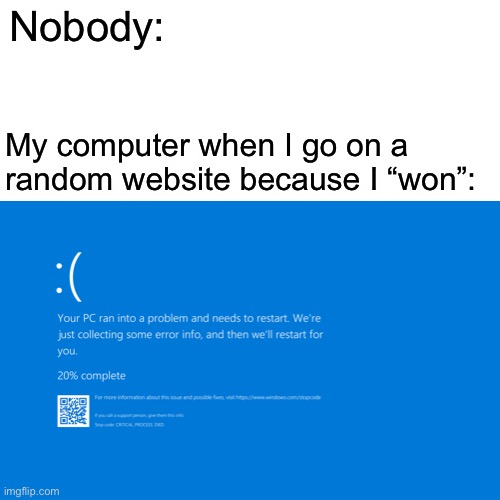 I guess they were lying :( | Nobody:; My computer when I go on a random website because I “won”: | image tagged in windows,computer,why are you reading this,seriously | made w/ Imgflip meme maker