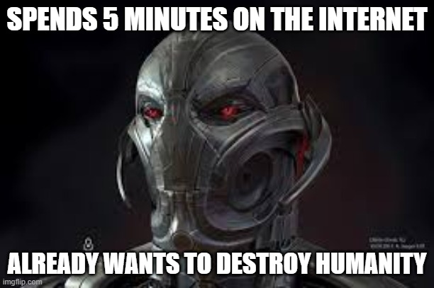 SPENDS 5 MINUTES ON THE INTERNET; ALREADY WANTS TO DESTROY HUMANITY | image tagged in ultron,avengers,funny,meme,funny meme,5 minutes | made w/ Imgflip meme maker