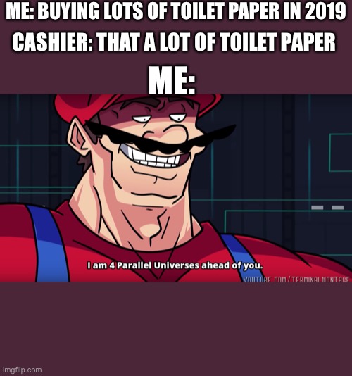 Mario I am four parallel universes ahead of you | ME: BUYING LOTS OF TOILET PAPER IN 2019; CASHIER: THAT A LOT OF TOILET PAPER; ME: | image tagged in mario i am four parallel universes ahead of you | made w/ Imgflip meme maker
