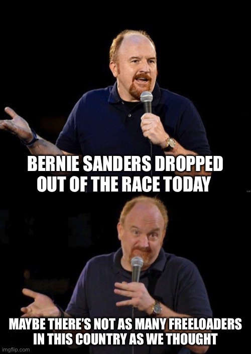 Will the Bernie Bros switch to Dementia Joe? | BERNIE SANDERS DROPPED OUT OF THE RACE TODAY; MAYBE THERE’S NOT AS MANY FREELOADERS
 IN THIS COUNTRY AS WE THOUGHT | image tagged in bad pun louis ck,bernie sanders,joe biden | made w/ Imgflip meme maker
