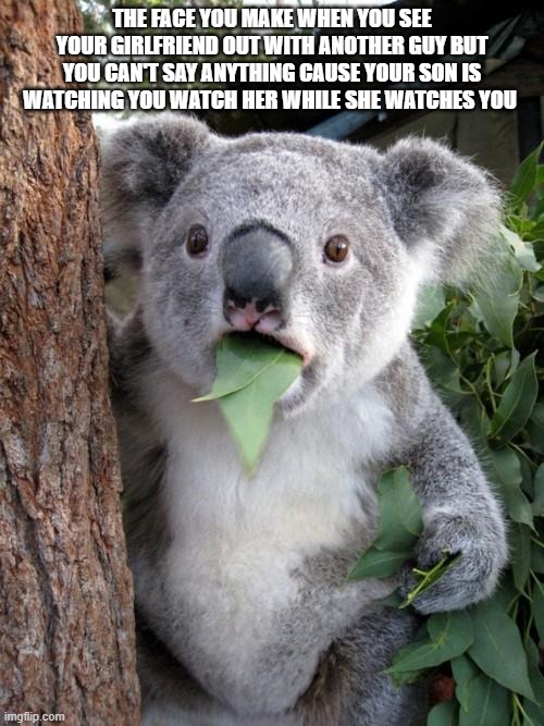 Surprised Koala Meme | THE FACE YOU MAKE WHEN YOU SEE YOUR GIRLFRIEND OUT WITH ANOTHER GUY BUT YOU CAN'T SAY ANYTHING CAUSE YOUR SON IS WATCHING YOU WATCH HER WHILE SHE WATCHES YOU | image tagged in memes,surprised koala | made w/ Imgflip meme maker