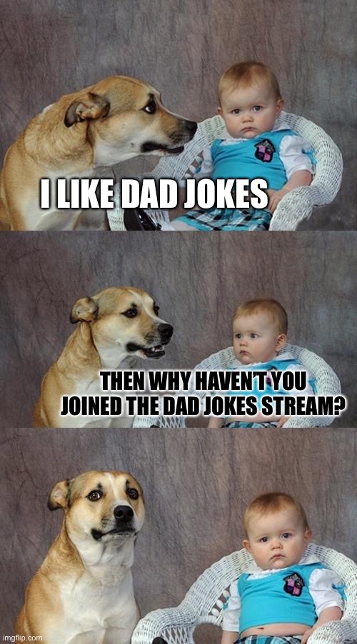 Dad joke stream | I LIKE DAD JOKES; THEN WHY HAVEN’T YOU JOINED THE DAD JOKES STREAM? | image tagged in memes,dad joke dog,epic stream,best stream,make it grow,i like dogs | made w/ Imgflip meme maker