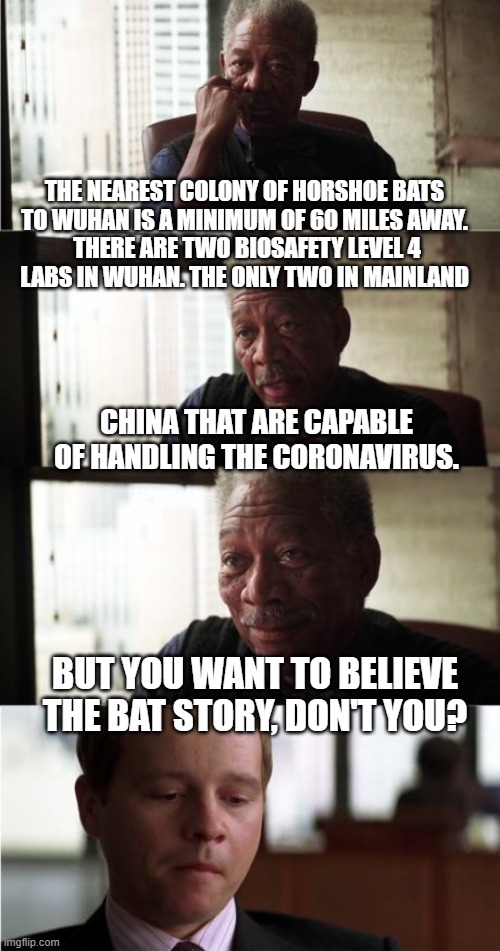 The Bat Story |  THE NEAREST COLONY OF HORSHOE BATS TO WUHAN IS A MINIMUM OF 60 MILES AWAY. THERE ARE TWO BIOSAFETY LEVEL 4 LABS IN WUHAN. THE ONLY TWO IN MAINLAND; CHINA THAT ARE CAPABLE OF HANDLING THE CORONAVIRUS. BUT YOU WANT TO BELIEVE THE BAT STORY, DON'T YOU? | image tagged in memes,morgan freeman good luck,coronavirus,covid-19 | made w/ Imgflip meme maker