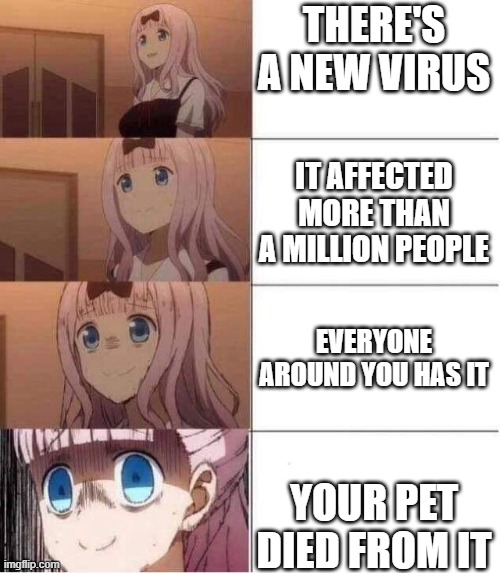 Rising panic | THERE'S A NEW VIRUS; IT AFFECTED MORE THAN A MILLION PEOPLE; EVERYONE AROUND YOU HAS IT; YOUR PET DIED FROM IT | image tagged in rising panic | made w/ Imgflip meme maker