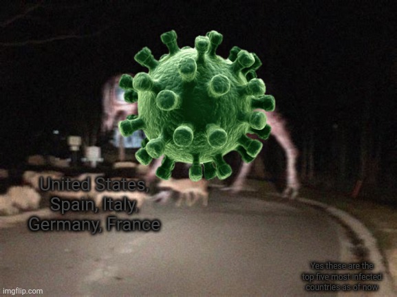 Big Charlie on the move | United States, Spain, Italy, Germany, France; Yes these are the top five most infected countries as of now | image tagged in big charlie on the move | made w/ Imgflip meme maker