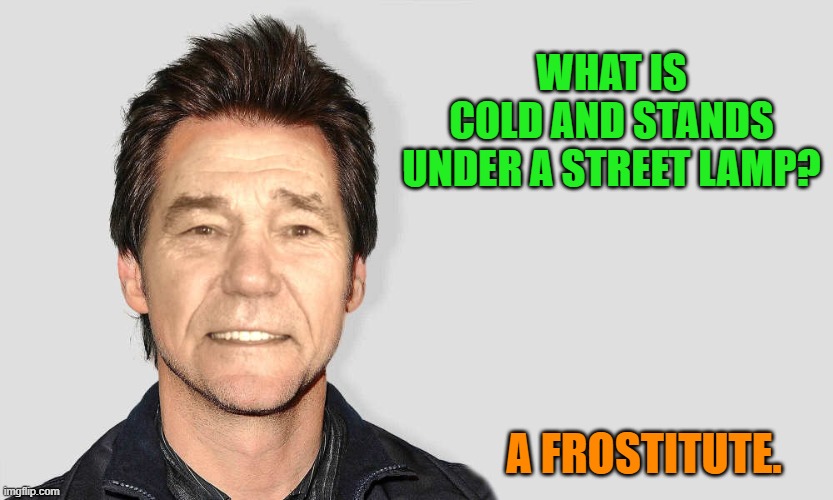WHAT IS COLD AND STANDS UNDER A STREET LAMP? A FROSTITUTE. | made w/ Imgflip meme maker