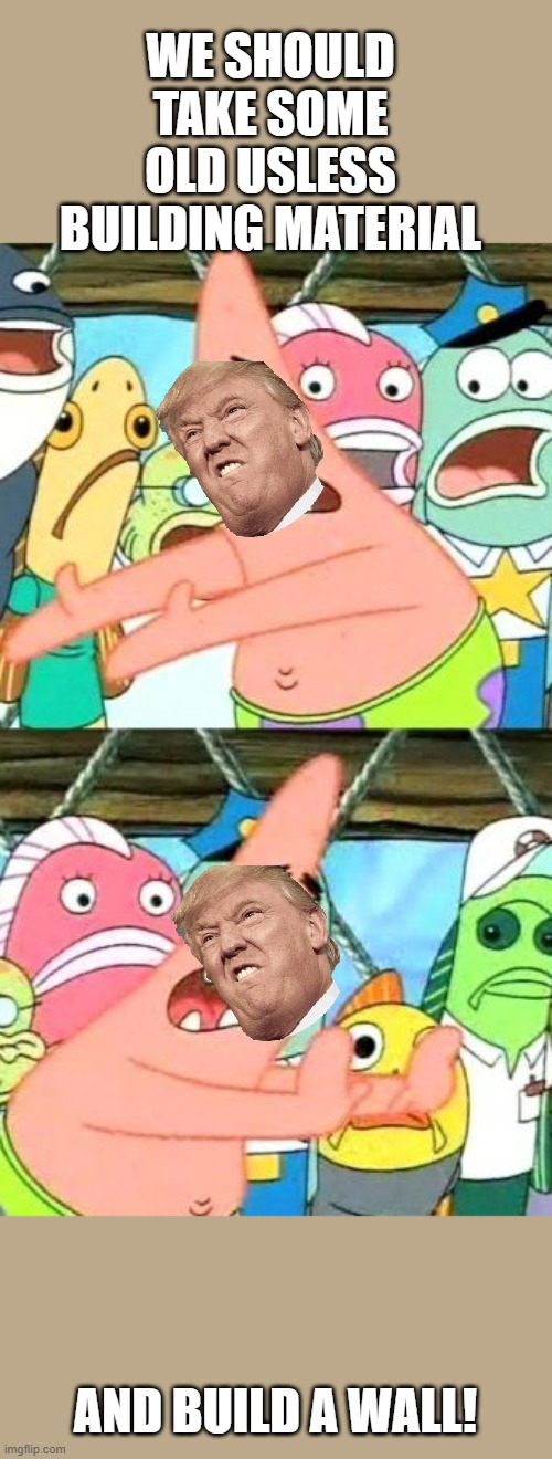 Put It Somewhere Else Patrick | WE SHOULD TAKE SOME OLD USLESS BUILDING MATERIAL; AND BUILD A WALL! | image tagged in memes,put it somewhere else patrick | made w/ Imgflip meme maker
