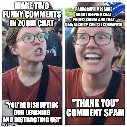 Social Justice Warrior Hypocrisy | MAKE TWO FUNNY COMMENTS IN ZOOM CHAT; PARAGRAPH MESSAGE ABOUT KEEPING CHAT PROFESSIONAL AND THAT OAA/FACULTY CAN SEE COMMENTS; "THANK YOU" COMMENT SPAM; "YOU'RE DISRUPTING OUR LEARNING AND DISTRACTING US!" | image tagged in social justice warrior hypocrisy | made w/ Imgflip meme maker