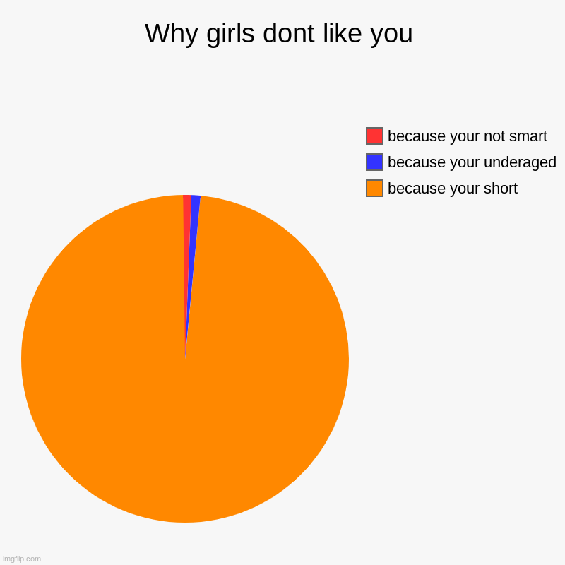 Why girls dont like you | because your short, because your underaged, because your not smart | image tagged in charts,pie charts | made w/ Imgflip chart maker