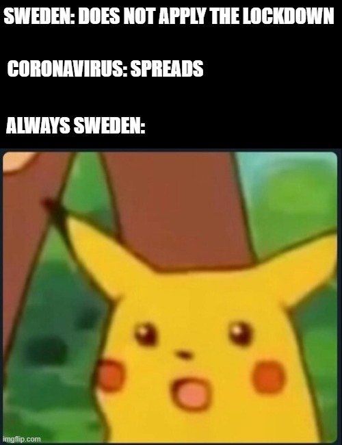 The Swedes are acting like idiots | SWEDEN: DOES NOT APPLY THE LOCKDOWN; CORONAVIRUS: SPREADS; ALWAYS SWEDEN: | image tagged in surprised pikachu,sweden,coronavirus | made w/ Imgflip meme maker