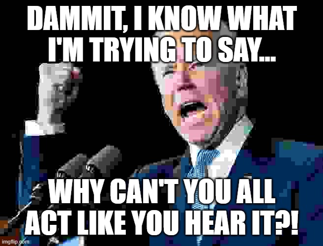 The Joe Biden experiment has reached its climax as his comments make no sense. | DAMMIT, I KNOW WHAT I'M TRYING TO SAY... WHY CAN'T YOU ALL ACT LIKE YOU HEAR IT?! | image tagged in joe biden's fist,joe biden,sad joe biden,election 2020,health | made w/ Imgflip meme maker