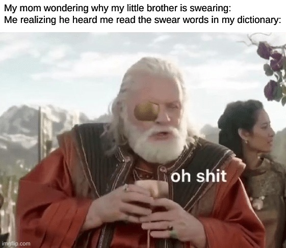 My mom wondering why my little brother is swearing:


Me realizing he heard me read the swear words in my dictionary: | made w/ Imgflip meme maker