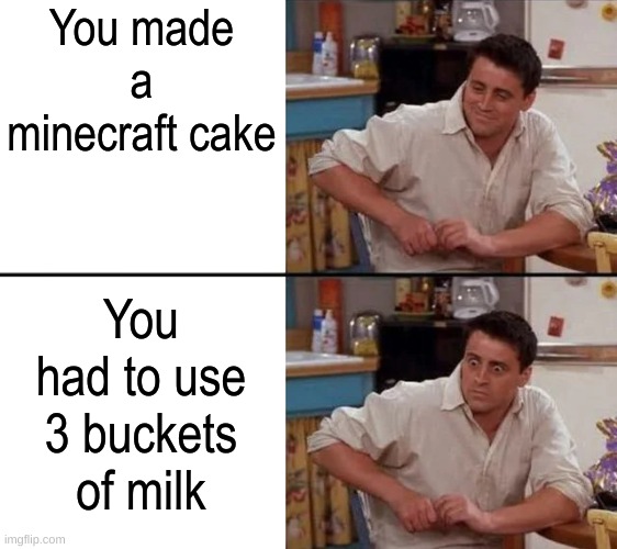 Surprised Joey | You made a minecraft cake; You had to use 3 buckets of milk | image tagged in surprised joey | made w/ Imgflip meme maker