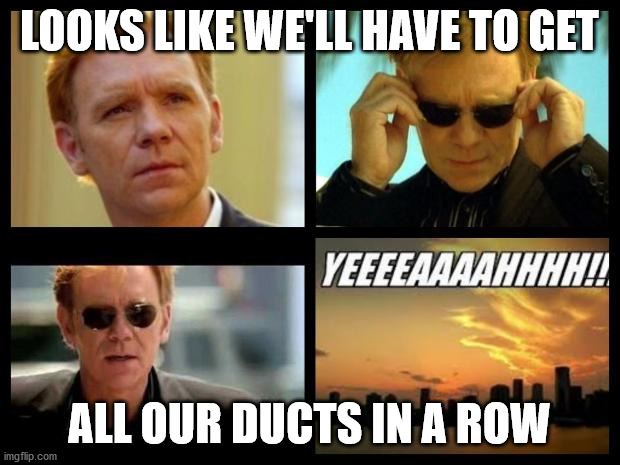 CSI |  LOOKS LIKE WE'LL HAVE TO GET; ALL OUR DUCTS IN A ROW | image tagged in csi | made w/ Imgflip meme maker