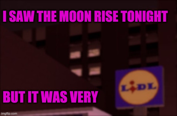 I Saw The Moon Rise Tonight But It Was Very Lidl | I SAW THE MOON RISE TONIGHT; BUT IT WAS VERY | image tagged in moon,rise,pink moon,fullmoon,moon rise,moonrise | made w/ Imgflip meme maker