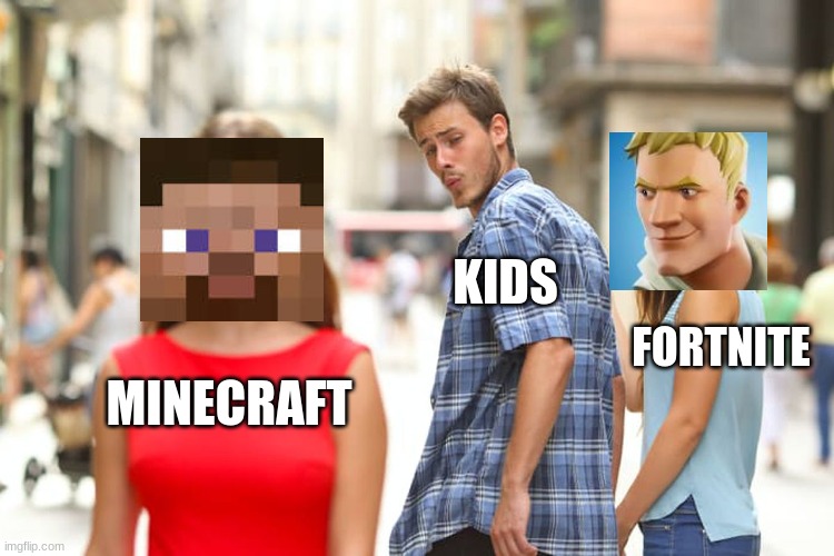 Distracted Boyfriend | KIDS; FORTNITE; MINECRAFT | image tagged in memes,distracted boyfriend | made w/ Imgflip meme maker