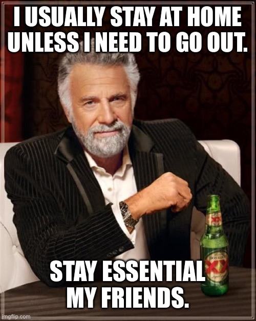 The Most Interesting Man In The World Meme | I USUALLY STAY AT HOME UNLESS I NEED TO GO OUT. STAY ESSENTIAL MY FRIENDS. | image tagged in memes,the most interesting man in the world | made w/ Imgflip meme maker