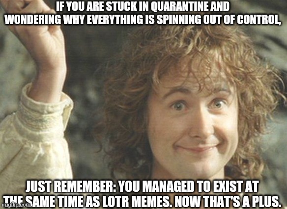 Happy Hobbit | IF YOU ARE STUCK IN QUARANTINE AND WONDERING WHY EVERYTHING IS SPINNING OUT OF CONTROL, JUST REMEMBER: YOU MANAGED TO EXIST AT THE SAME TIME AS LOTR MEMES. NOW THAT'S A PLUS. | image tagged in happy hobbit | made w/ Imgflip meme maker