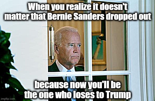 Sad Joe Biden | When you realize it doesn't matter that Bernie Sanders dropped out; because now you'll be the one who loses to Trump | image tagged in sad joe biden | made w/ Imgflip meme maker