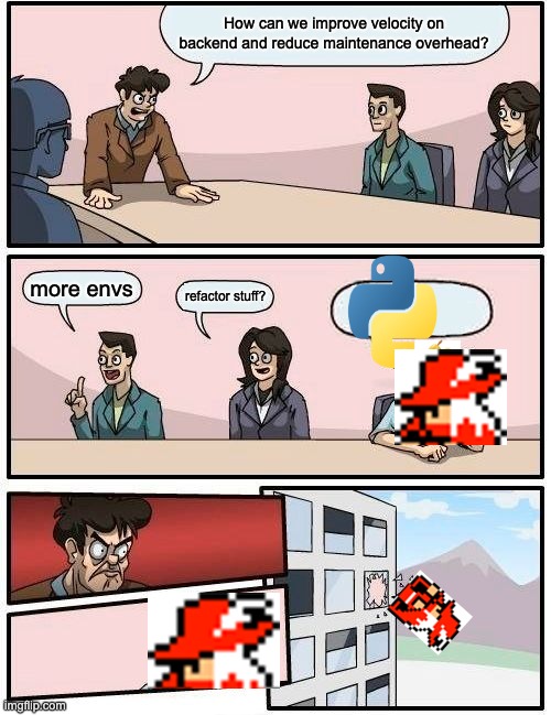 Boardroom Meeting Suggestion | How can we improve velocity on backend and reduce maintenance overhead? more envs; refactor stuff? | image tagged in memes,boardroom meeting suggestion | made w/ Imgflip meme maker