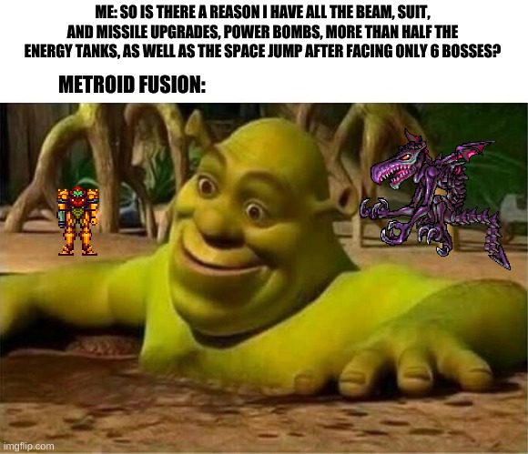 shrek | ME: SO IS THERE A REASON I HAVE ALL THE BEAM, SUIT, AND MISSILE UPGRADES, POWER BOMBS, MORE THAN HALF THE ENERGY TANKS, AS WELL AS THE SPACE JUMP AFTER FACING ONLY 6 BOSSES? METROID FUSION: | image tagged in shrek | made w/ Imgflip meme maker