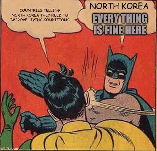 Batman Slapping Robin Meme | COUNTRIES TELLING NORTH KOREA THEY NEED TO IMPROVE LIVING CONDITIONS; NORTH KOREA; EVERY THING IS FINE HERE | image tagged in memes,batman slapping robin | made w/ Imgflip meme maker