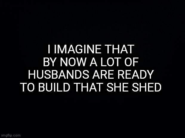 Black background | I IMAGINE THAT BY NOW A LOT OF HUSBANDS ARE READY TO BUILD THAT SHE SHED | image tagged in black background | made w/ Imgflip meme maker