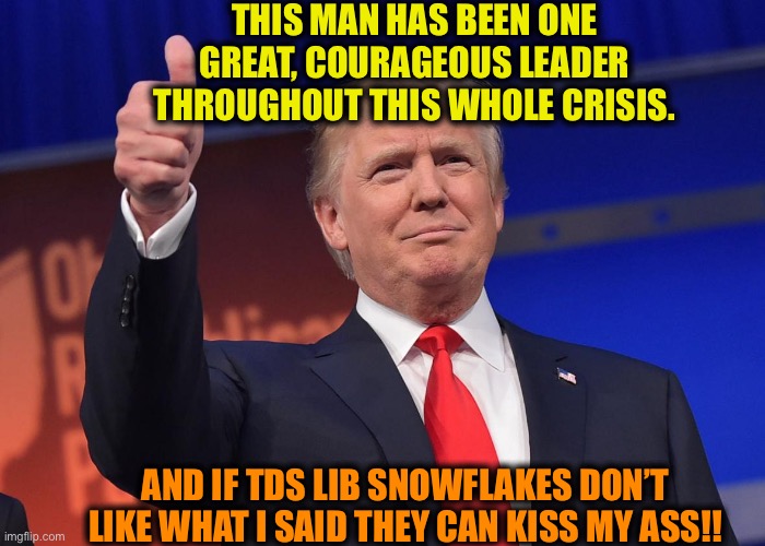 donald trump | THIS MAN HAS BEEN ONE GREAT, COURAGEOUS LEADER THROUGHOUT THIS WHOLE CRISIS. AND IF TDS LIB SNOWFLAKES DON’T LIKE WHAT I SAID THEY CAN KISS MY ASS!! | image tagged in donald trump,president trump,coronavirus,covid-19 | made w/ Imgflip meme maker