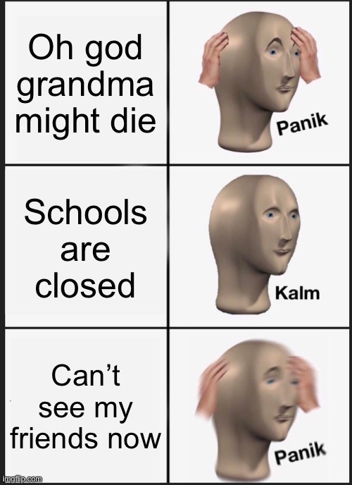 Panik Kalm Panik | Oh god grandma might die; Schools are closed; Can’t see my friends now | image tagged in memes,panik kalm panik | made w/ Imgflip meme maker