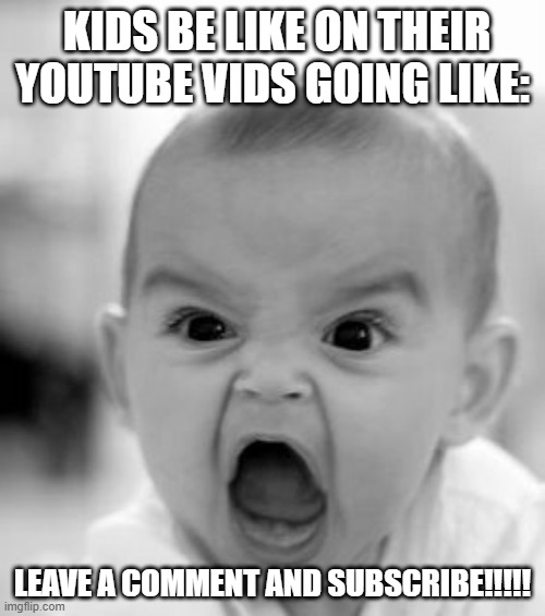 Angry Baby Meme | KIDS BE LIKE ON THEIR YOUTUBE VIDS GOING LIKE:; LEAVE A COMMENT AND SUBSCRIBE!!!!! | image tagged in memes,angry baby | made w/ Imgflip meme maker