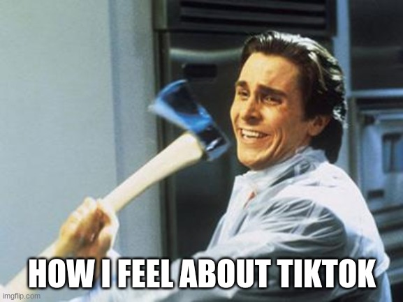 Christian Bale With Axe | HOW I FEEL ABOUT TIKTOK | image tagged in christian bale with axe | made w/ Imgflip meme maker