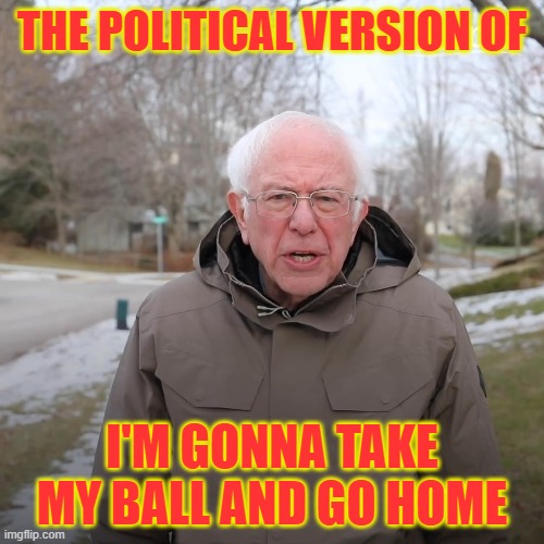 Bernie Sanders No-text | THE POLITICAL VERSION OF; I'M GONNA TAKE MY BALL AND GO HOME | image tagged in bernie sanders no-text | made w/ Imgflip meme maker