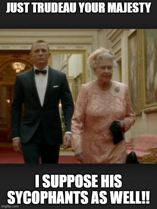 Queen & Bond | JUST TRUDEAU YOUR MAJESTY; I SUPPOSE HIS SYCOPHANTS AS WELL!! | image tagged in queen  bond | made w/ Imgflip meme maker