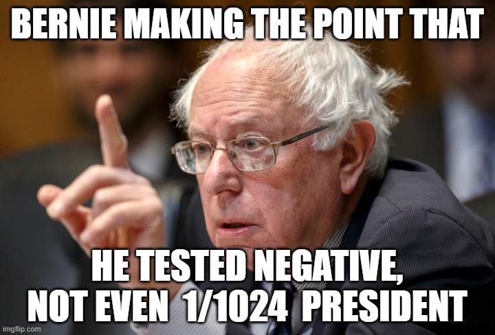 Bernie Sanders Tests Negative For President | BERNIE MAKING THE POINT THAT; HE TESTED NEGATIVE,
NOT EVEN  1/1024  PRESIDENT | image tagged in bernie sanders,drops out,tests negative,president | made w/ Imgflip meme maker