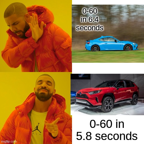 Toyota 86 vs RAV4 Prime (sorry for bad quality) | 0-60 in 6.4 seconds; 0-60 in 5.8 seconds | image tagged in memes,drake hotline bling,toyota,cars | made w/ Imgflip meme maker