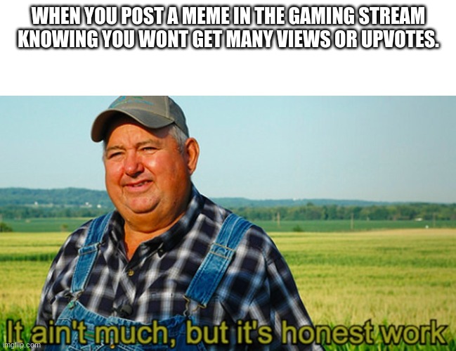 It ain't much, but it's honest work | WHEN YOU POST A MEME IN THE GAMING STREAM KNOWING YOU WONT GET MANY VIEWS OR UPVOTES. | image tagged in it ain't much but it's honest work | made w/ Imgflip meme maker