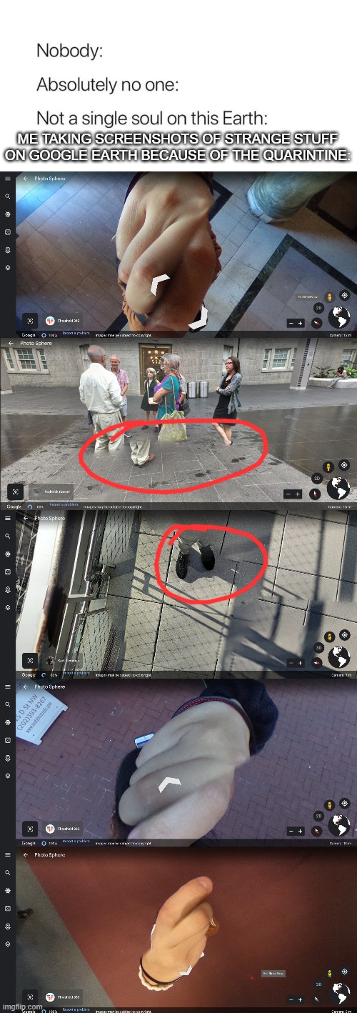 ME TAKING SCREENSHOTS OF STRANGE STUFF ON GOOGLE EARTH BECAUSE OF THE QUARINTINE: | image tagged in nobody absolutely no one | made w/ Imgflip meme maker