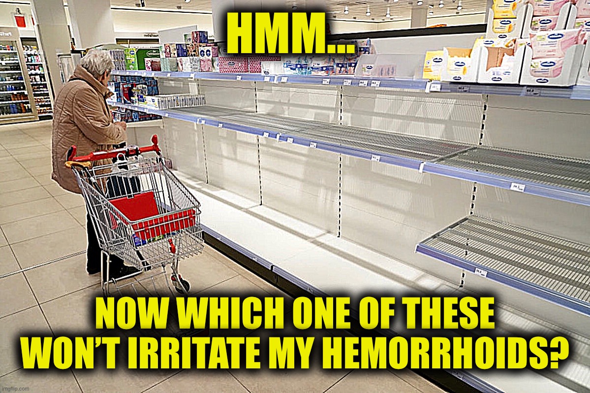Decisions, decisions... | HMM... NOW WHICH ONE OF THESE WON’T IRRITATE MY HEMORRHOIDS? | image tagged in toilet paper,memes,panic,hoarders,coronacrazy,covidiots | made w/ Imgflip meme maker