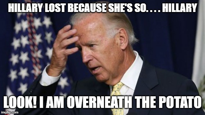 Joe Biden worries | HILLARY LOST BECAUSE SHE'S SO. . . . HILLARY; LOOK! I AM OVERNEATH THE POTATO | image tagged in joe biden worries | made w/ Imgflip meme maker